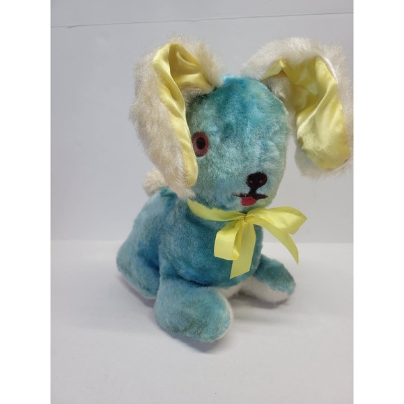 Vtg Blue Plush Bunny Rabbit Yellow Satin Ears Ribbon Easter Stuffed Animal plush